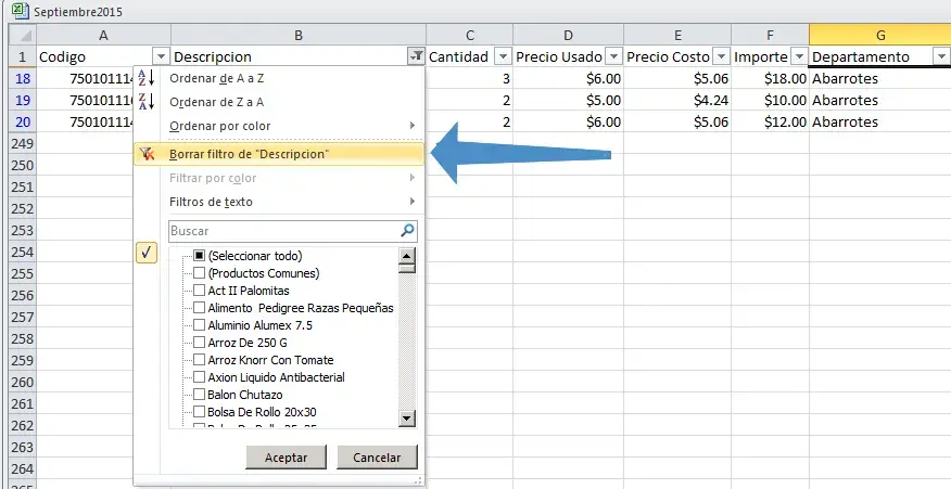 Borrar filtro de descripción