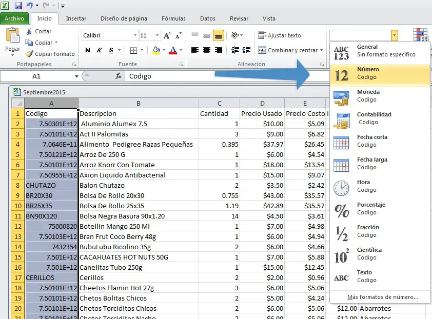 Formato de código de celda a número