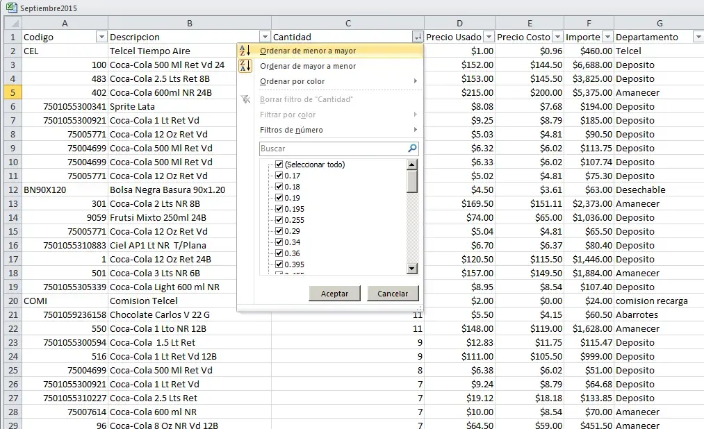 Ordenar reporte por cantidad de productos de menor a mayor