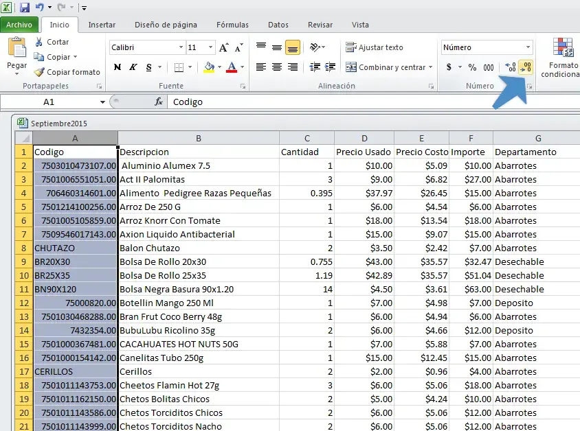 Recorrer decimales en celdas