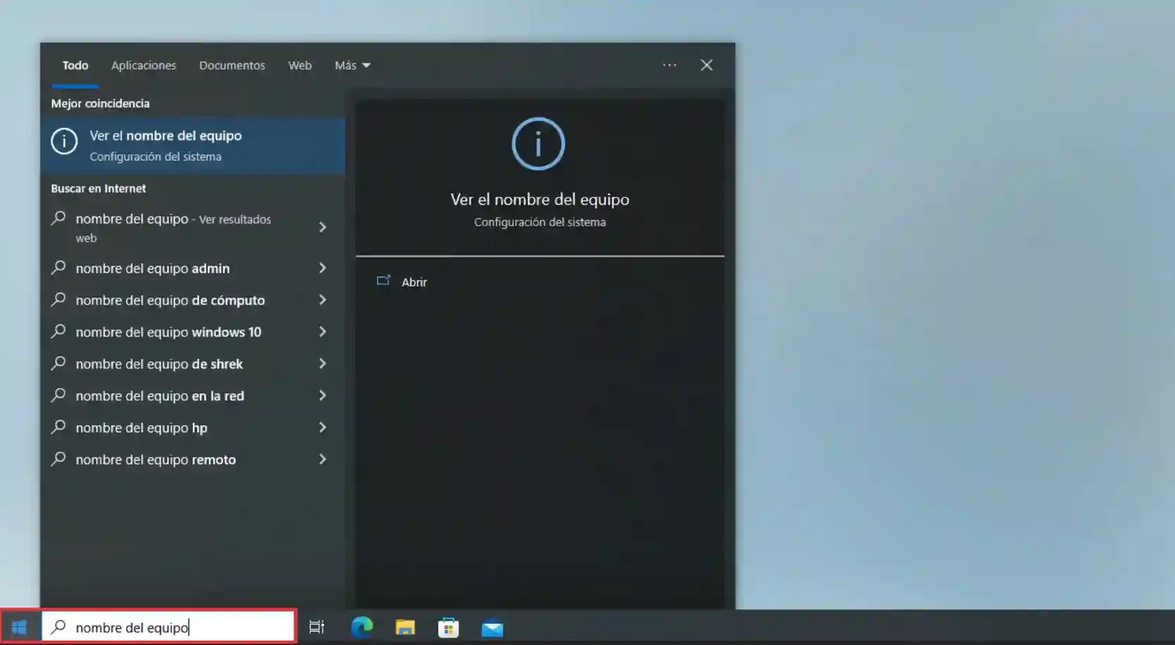 Búsqueda de la opción Ver el nombre del equipo en Windows