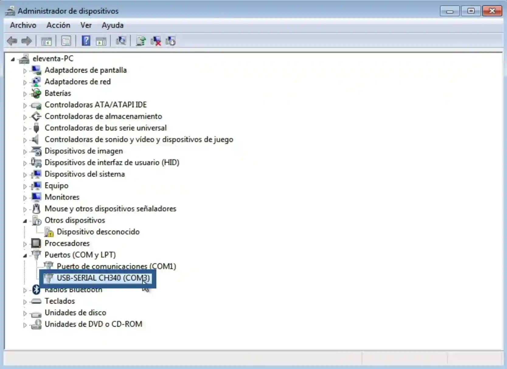 Administrador de dispositivos mostrando puertos COM