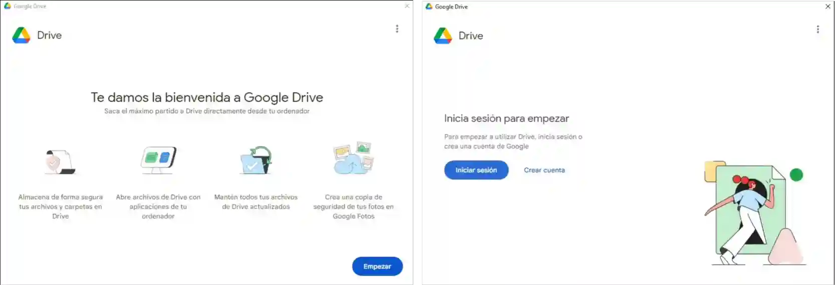 Opciones del asistente de configuración de Google Drive