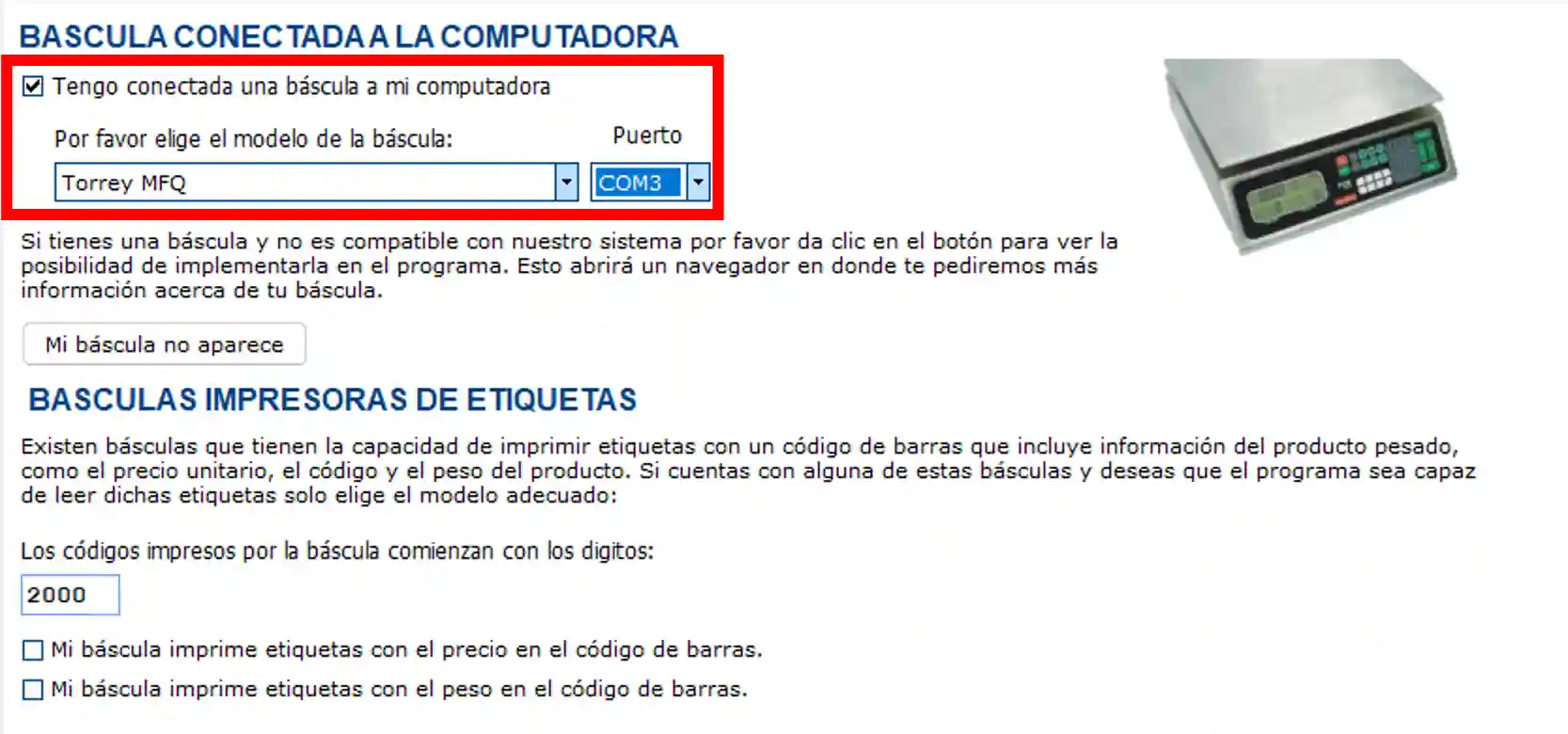 Configuración de la báscula Torrey MFQ en eleventa