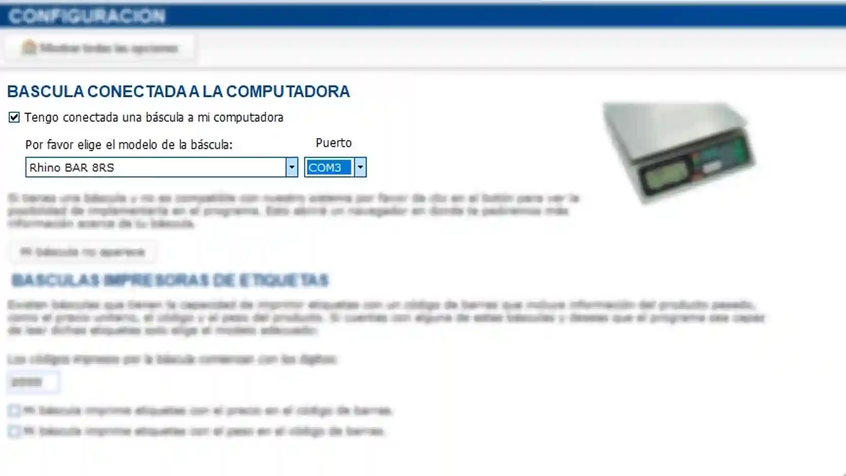Configuración de báscula Rhino BAR 8RS en eleventa