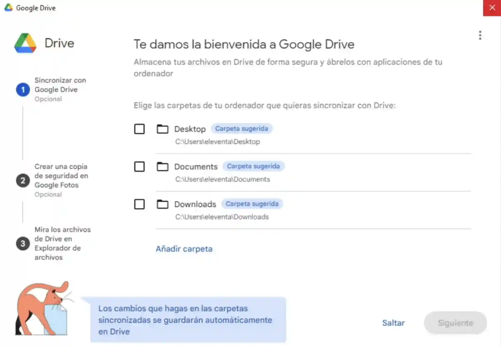 Pantalla de bienvenida de Google Drive