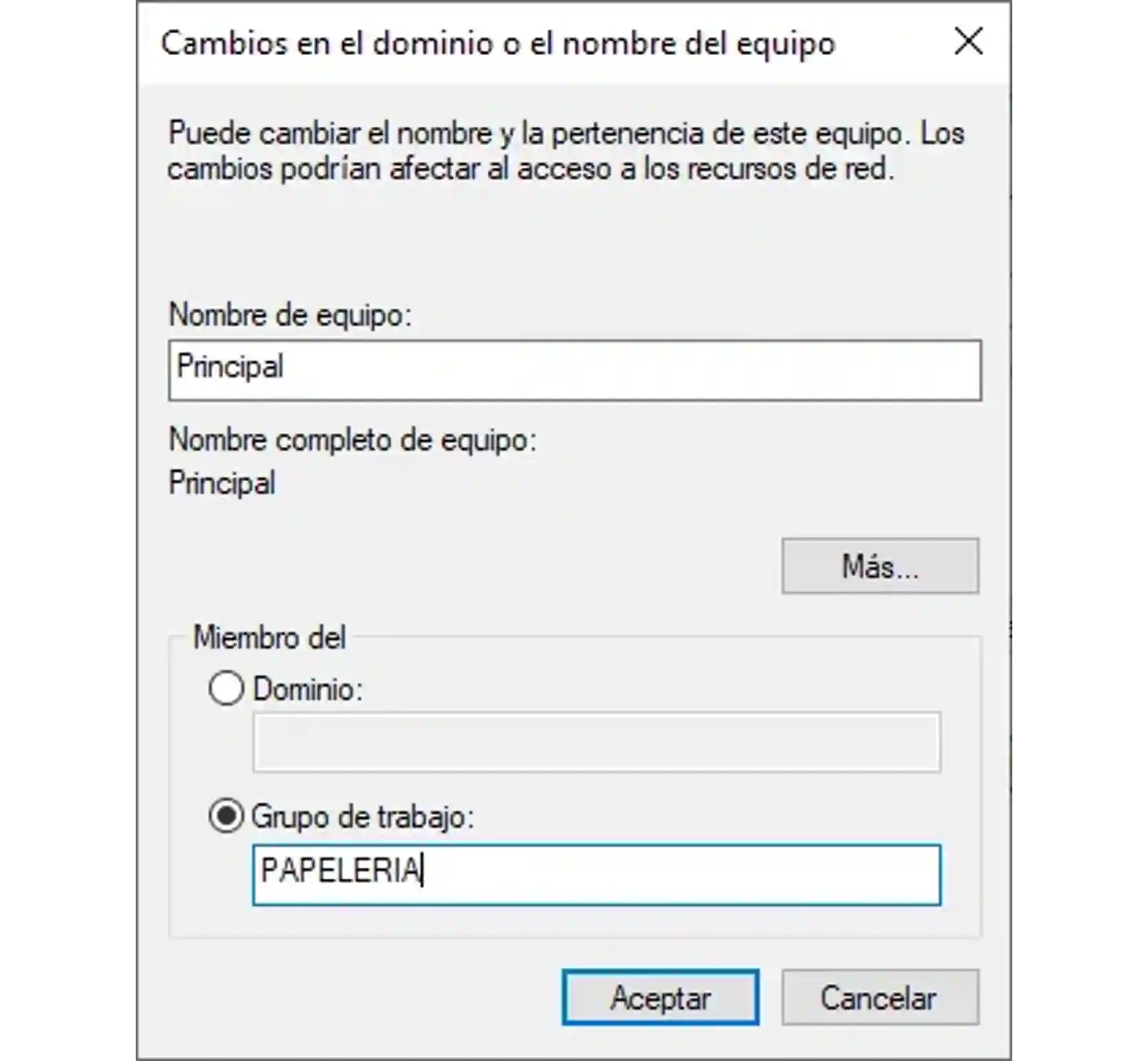 Configuración del nombre del equipo y del grupo de trabajo