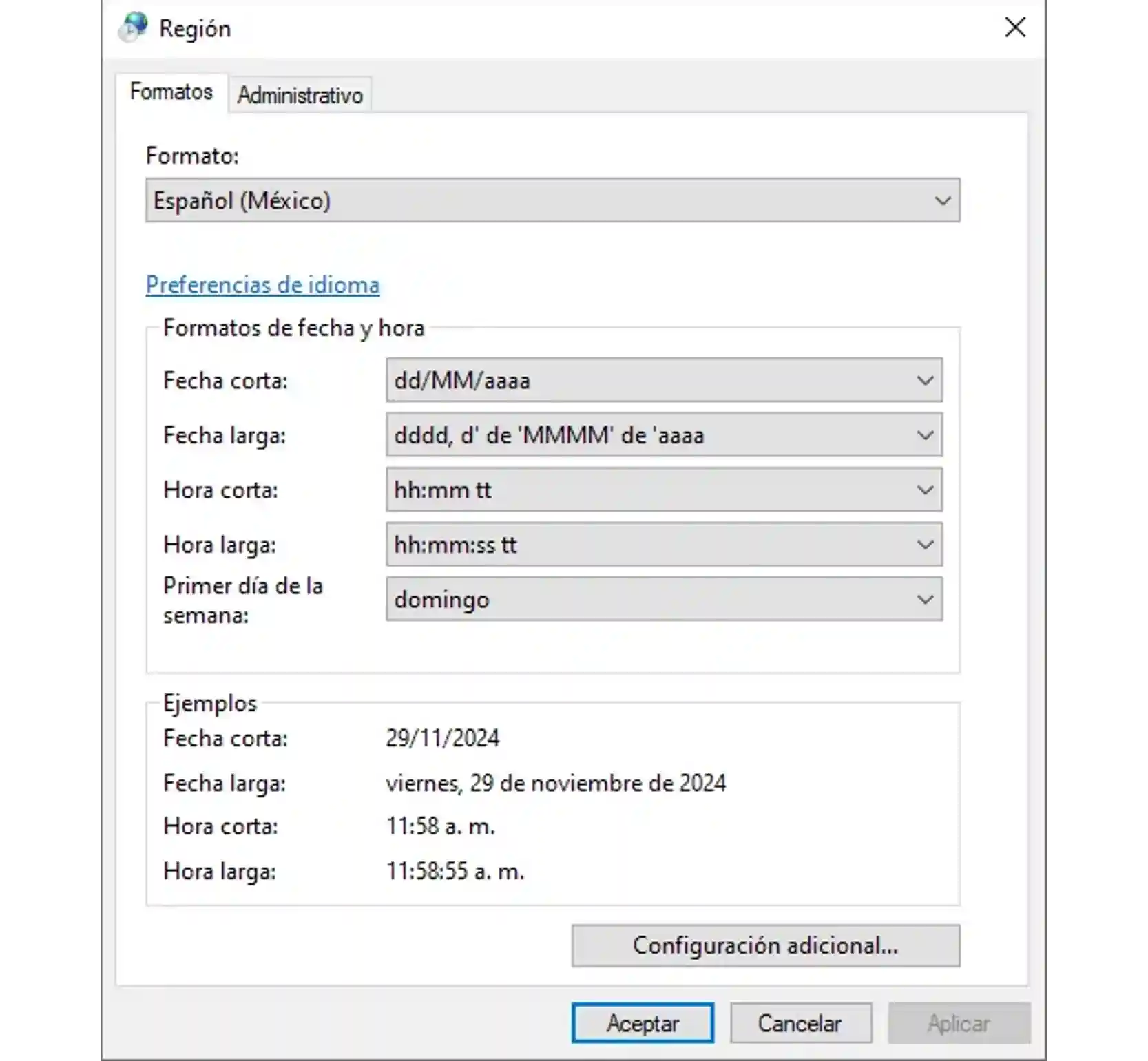 Configuración de formatos regionales
