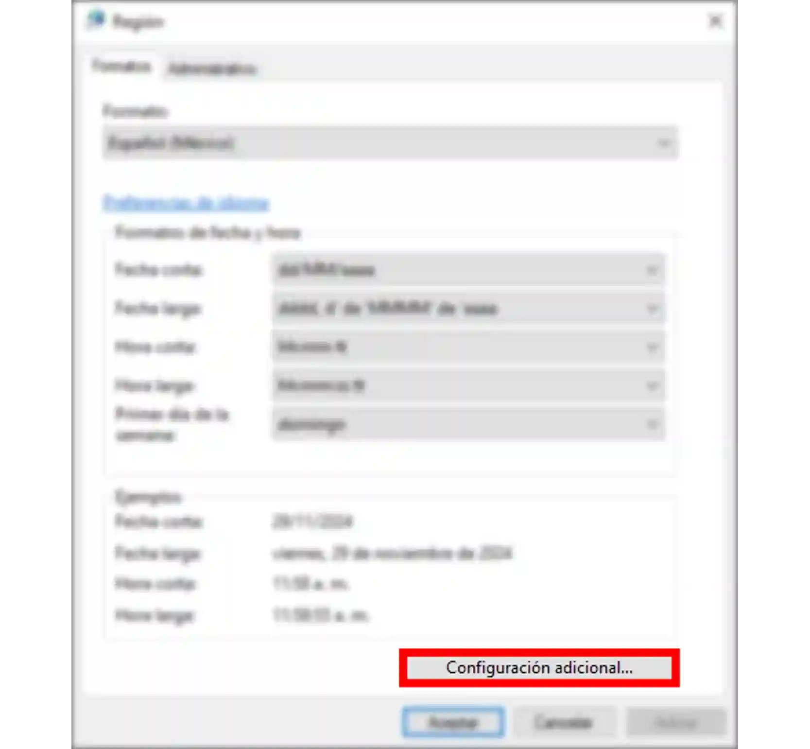 Configuración adicional de formatos regionales
