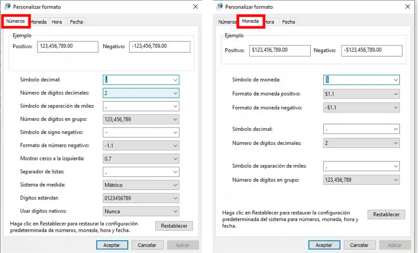 Configuración de números y moneda