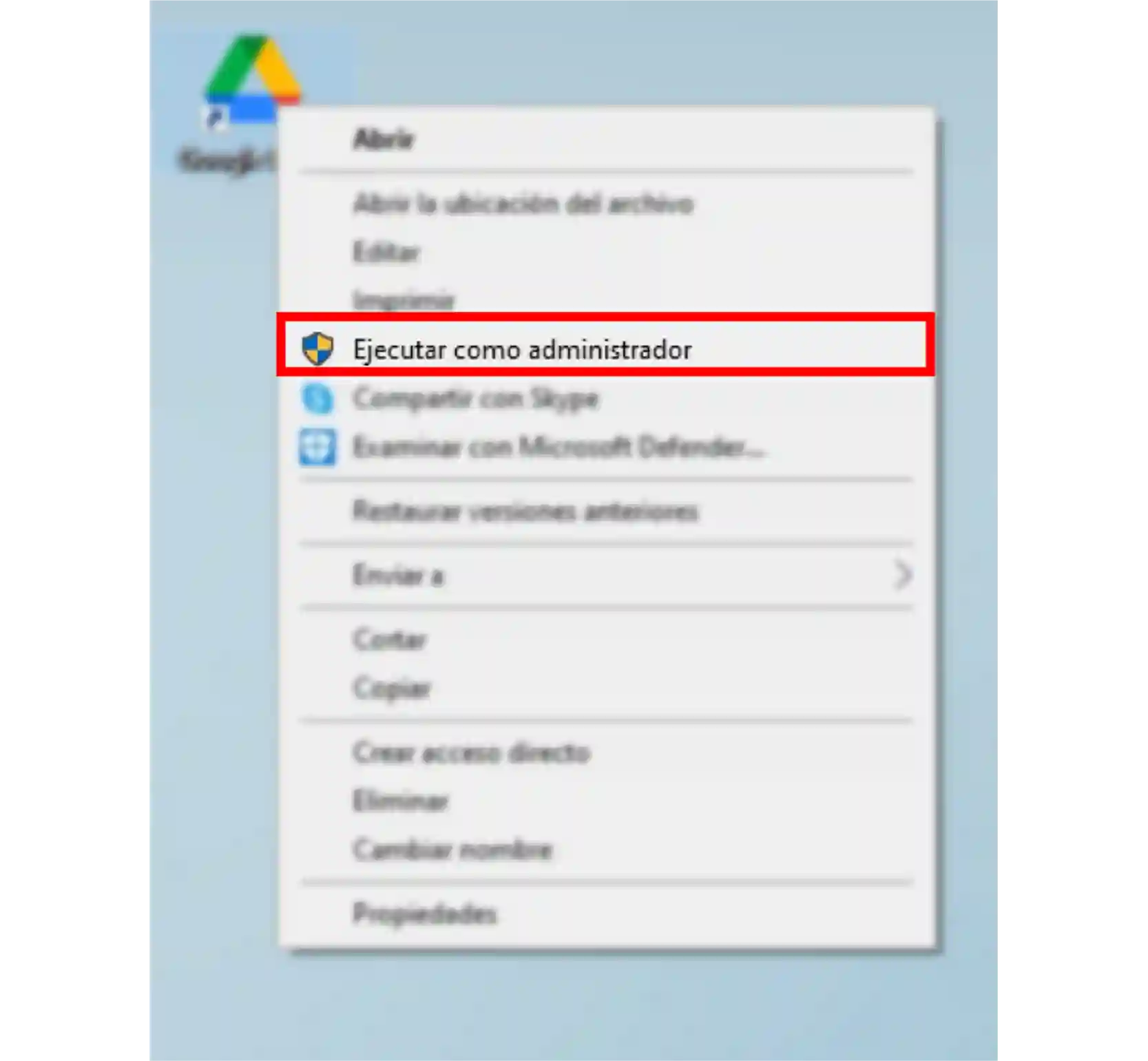 Opción Ejecutar como administrador de Google Drive