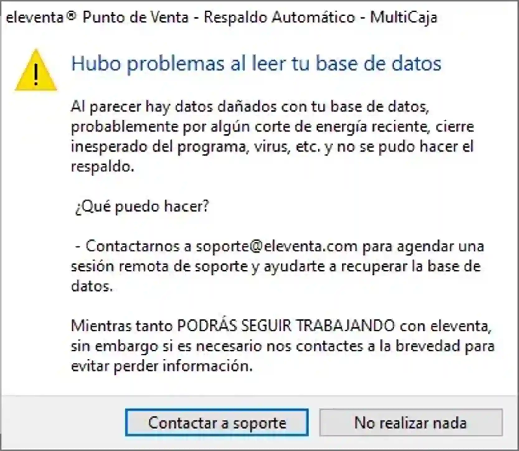 Hubo problemas al leer tu base de datos