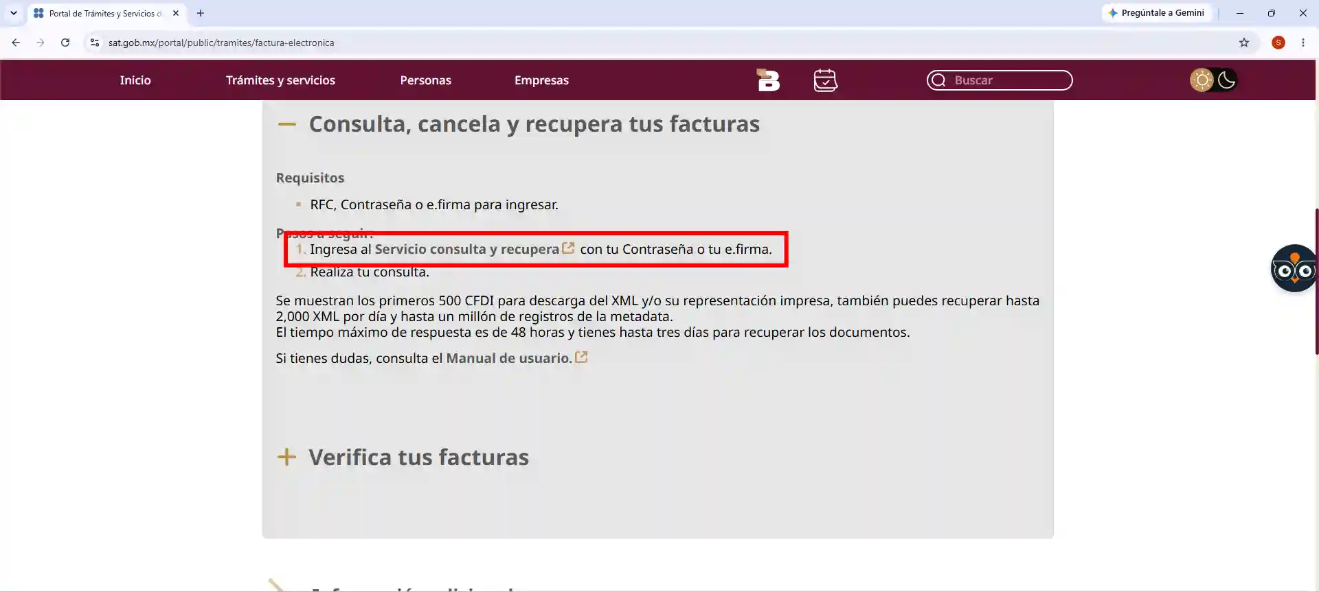 Ingresa al Servicio consulta y recupera