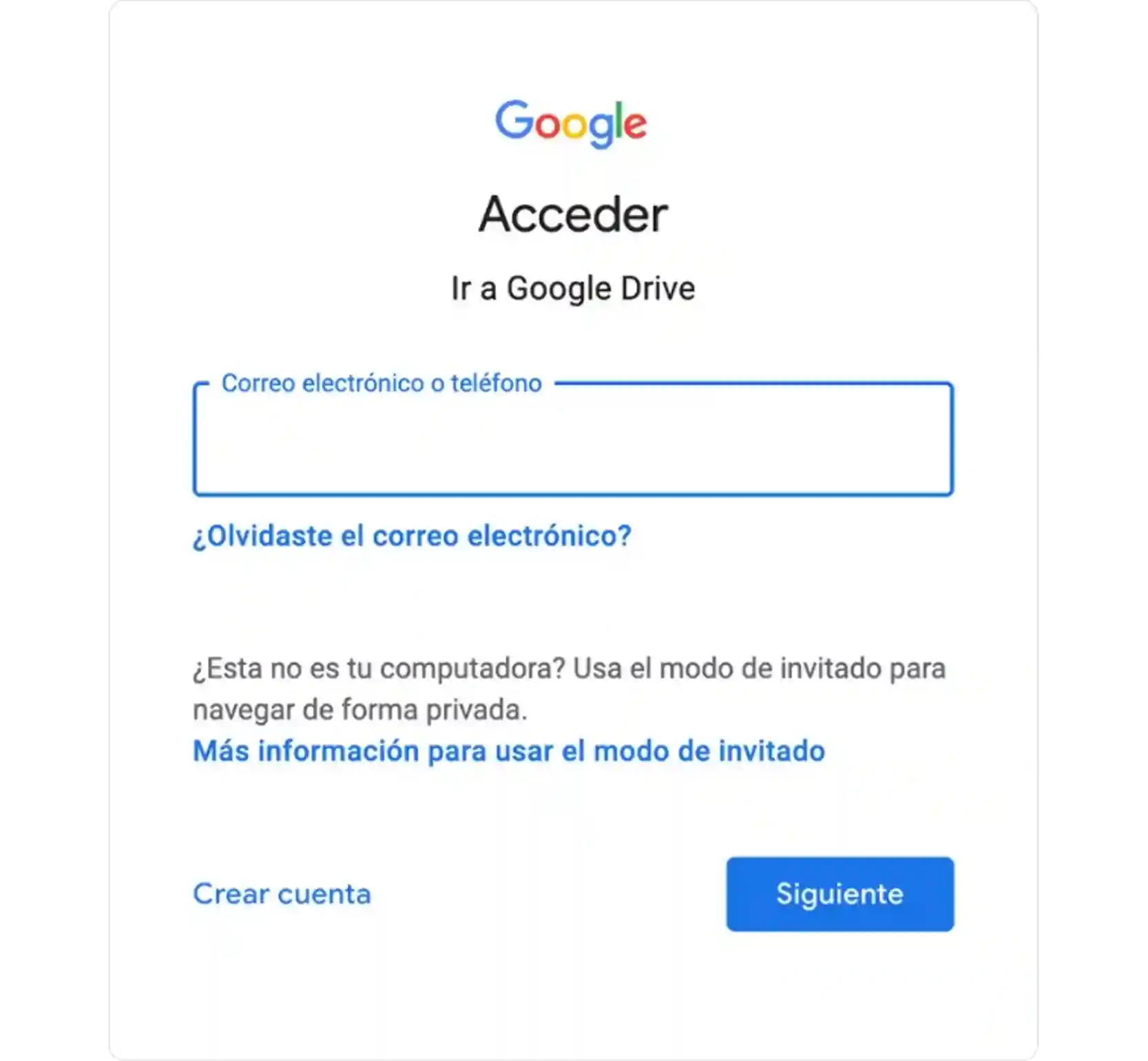 Pantalla para iniciar sesión en Google Drive