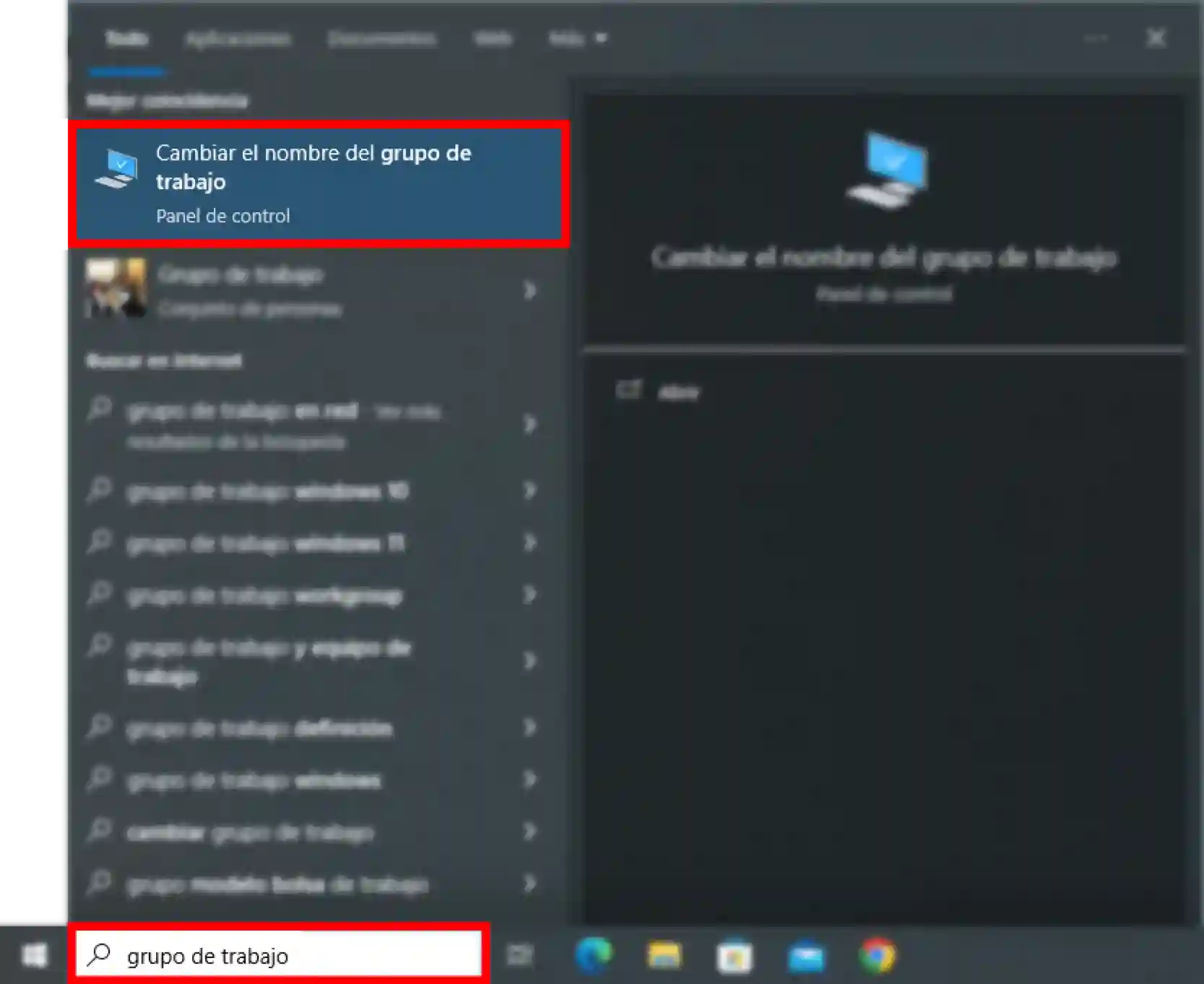 Búsqueda de la configuración del grupo de trabajo en Windows