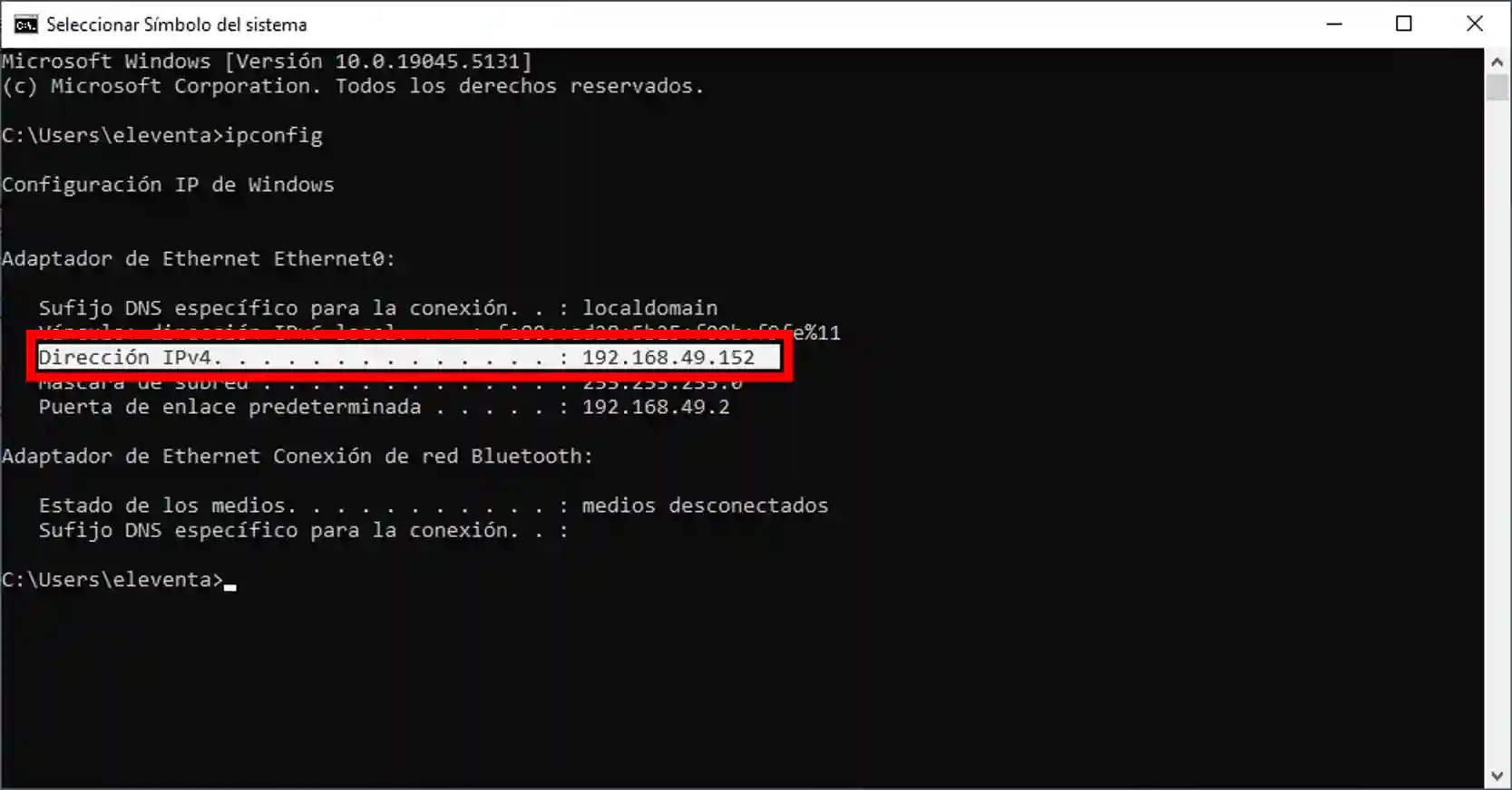 Dirección IPv4 mostrada con el comando ipconfig