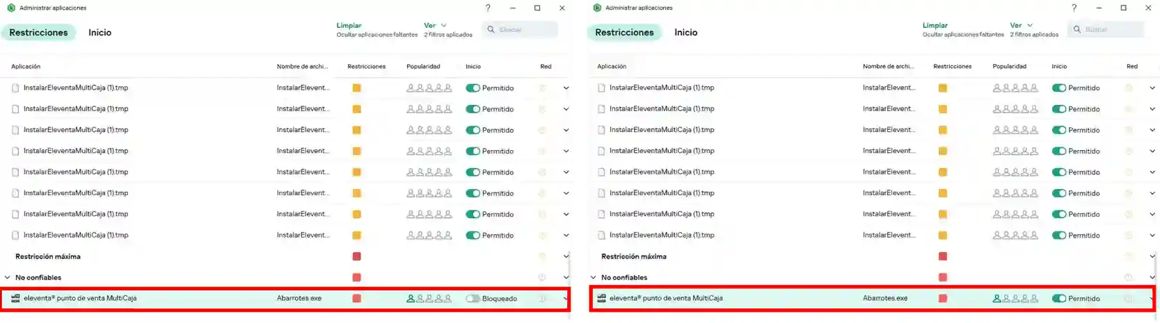 Cambio de eleventa de Bloqueado a Permitido