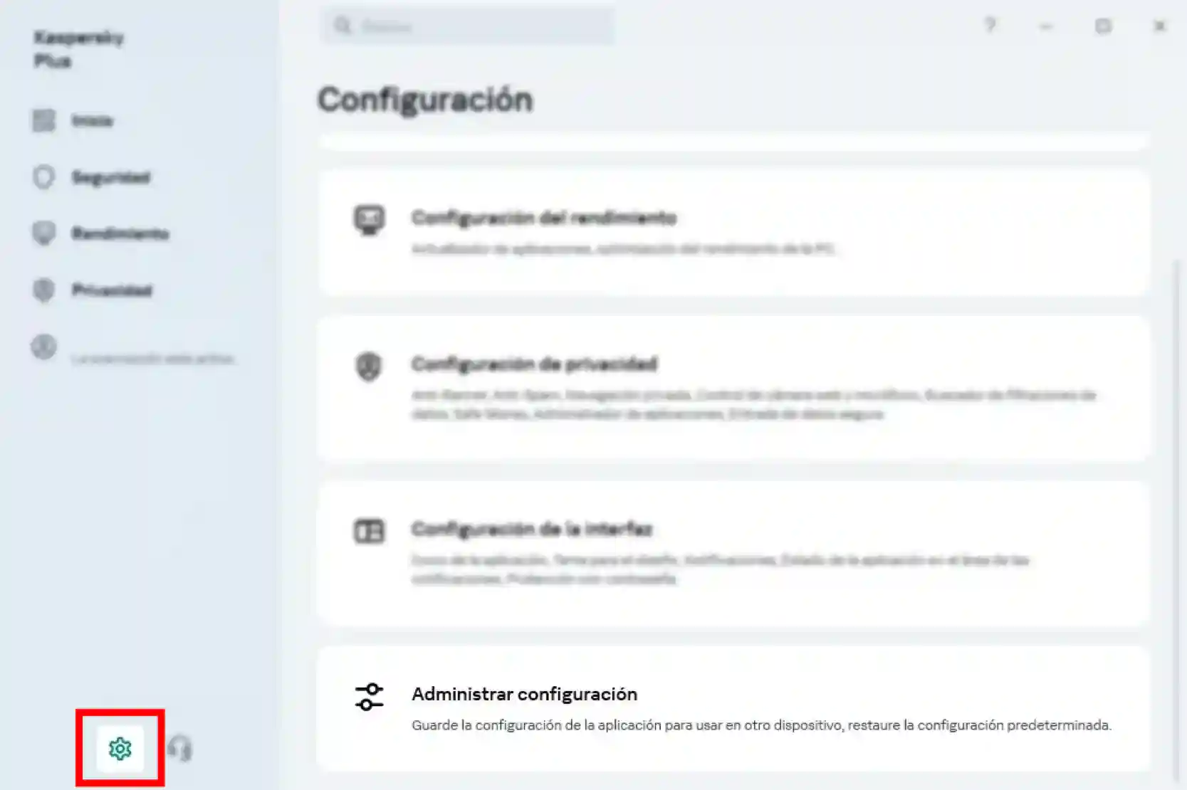 Opción Administrar configuración de Kaspersky