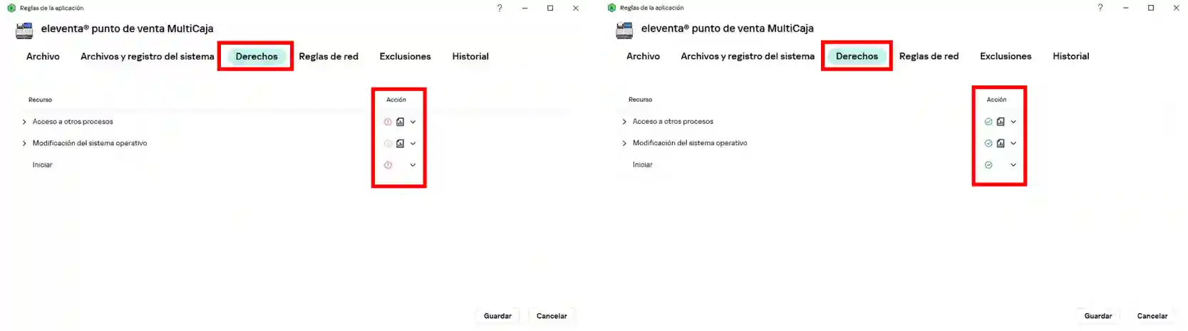 Configuración de permisos en la pestaña Derechos