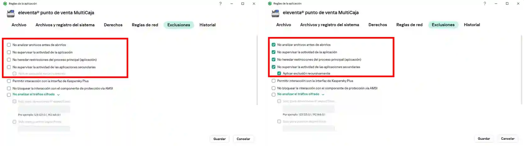 Opciones de la pestaña Exclusiones