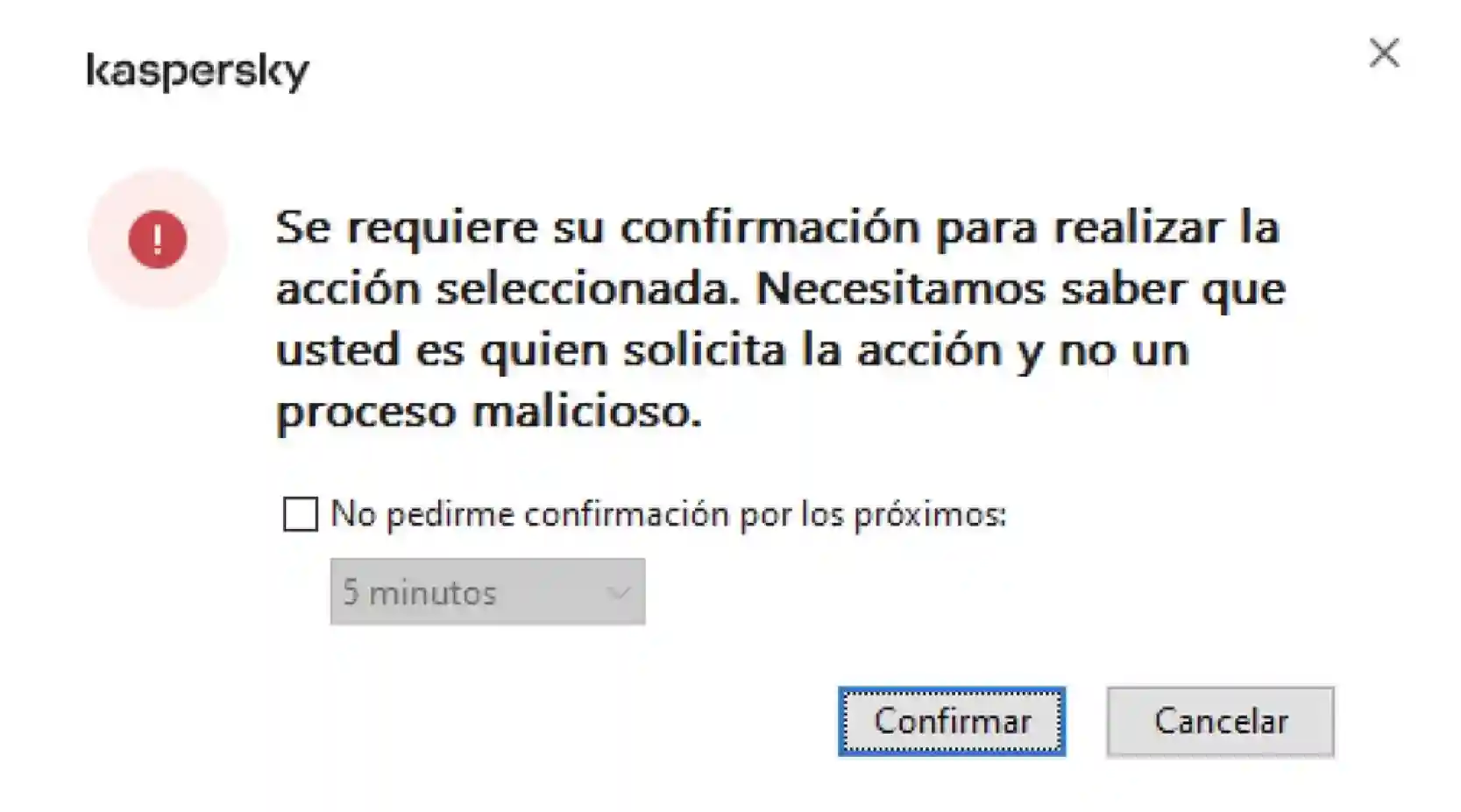 Ventana para confirmar los cambios en Kaspersky