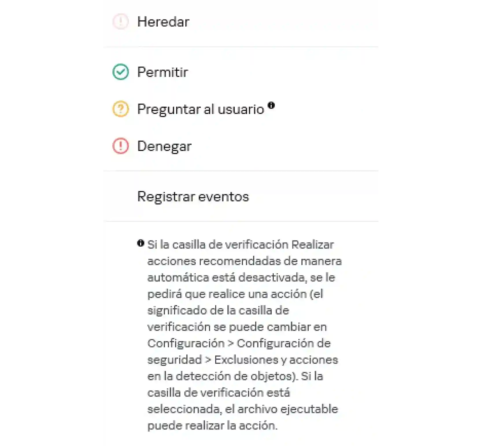 Opción Permitir en la configuración de Kaspersky