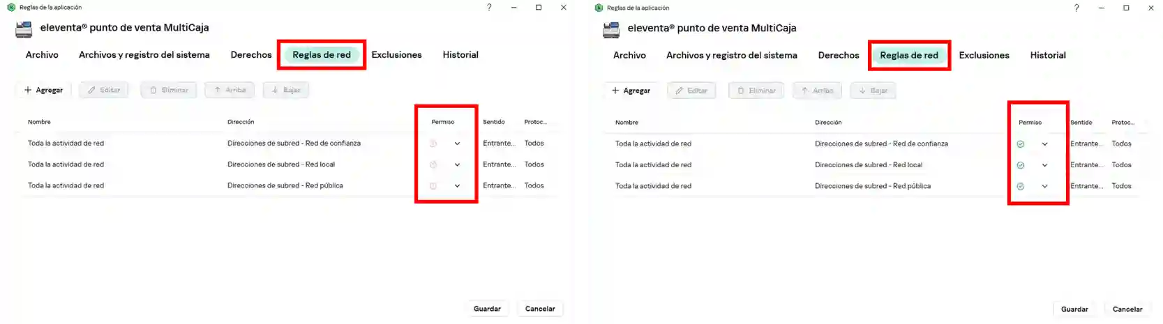Configuración de permisos en Reglas de red
