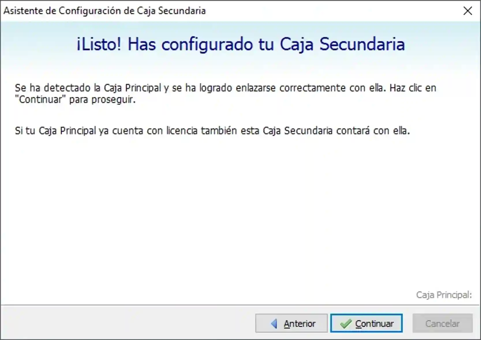 Confirmación de la configuración de la Caja Adicional