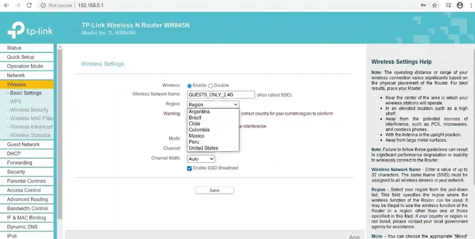 Página de configuración del router TP-Link con la opción Wireless seleccionada