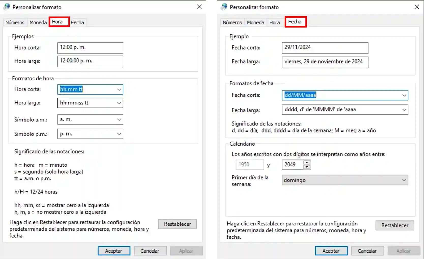 Personalizar el formato de hora y fecha