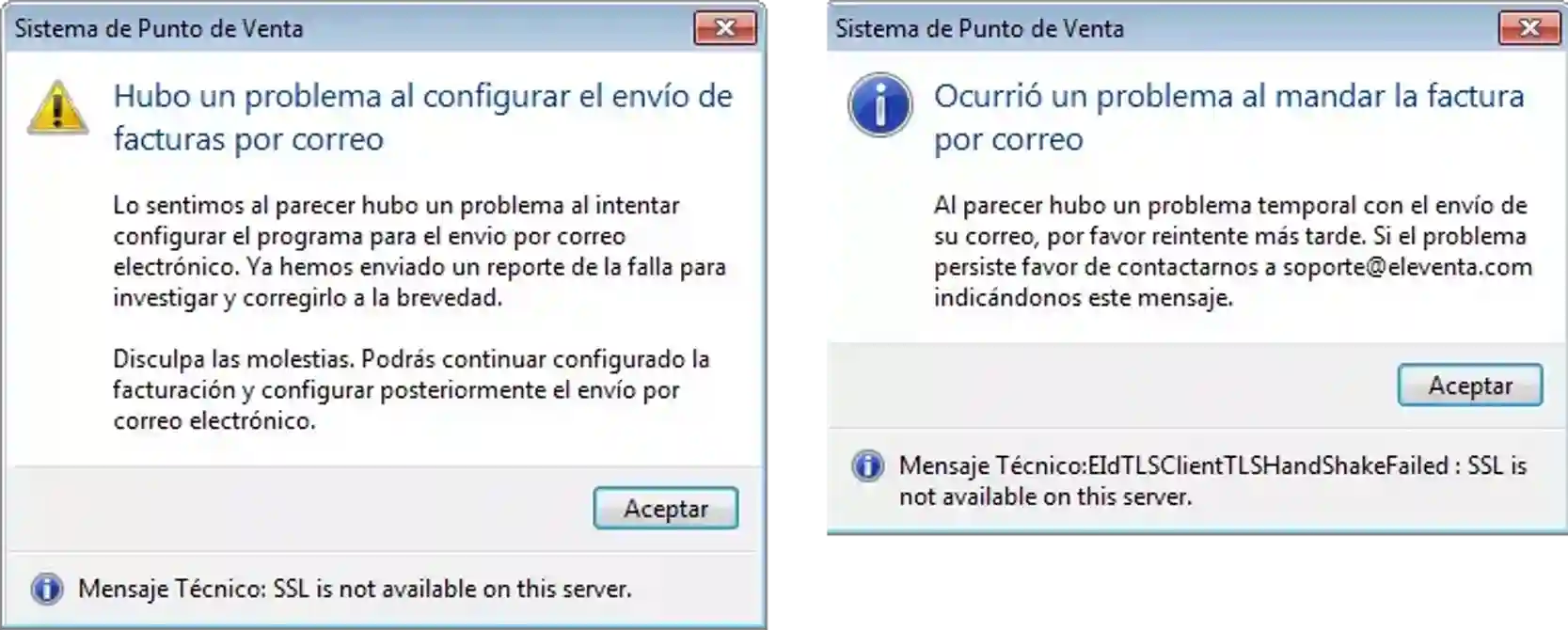 Mensaje de error al enviar un correo electrónico desde eleventa