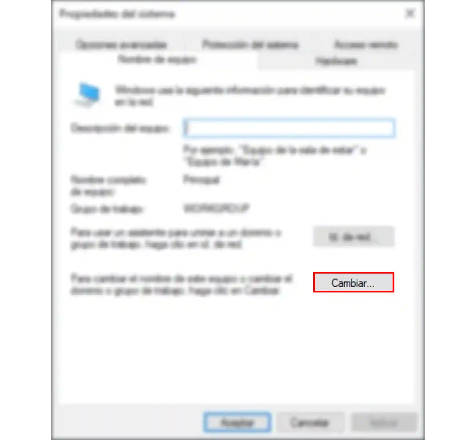 Ventana Propiedades del sistema de Windows