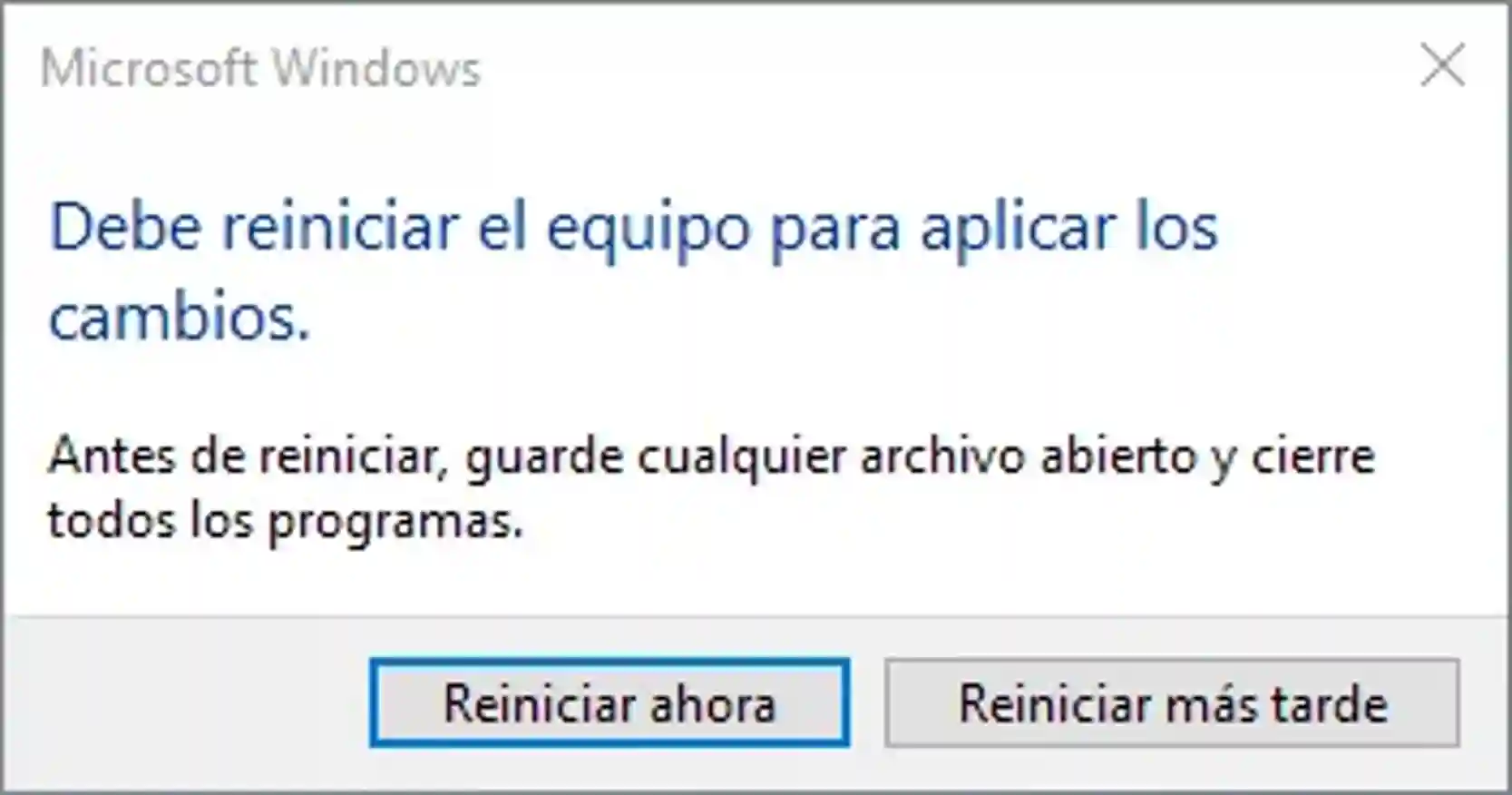 Opciones para reiniciar Windows ahora o más tarde