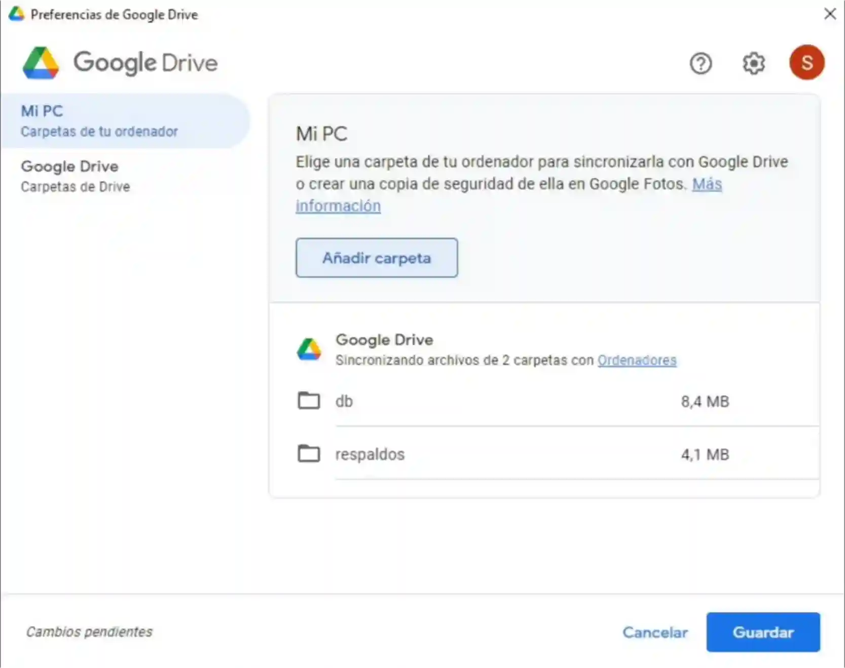 Resumen de las carpetas respaldadas en Google Drive
