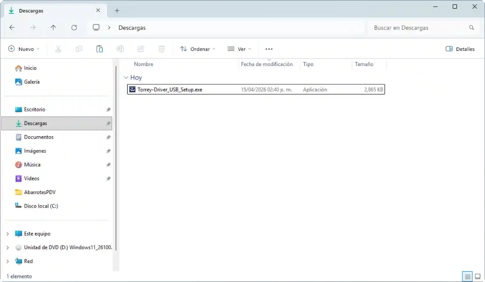 Archivo del controlador Torrey descargado en Windows