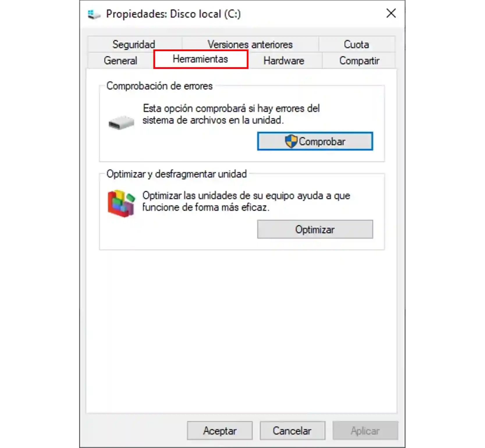 Abrir la pestaña Herramientas de las propiedades del disco