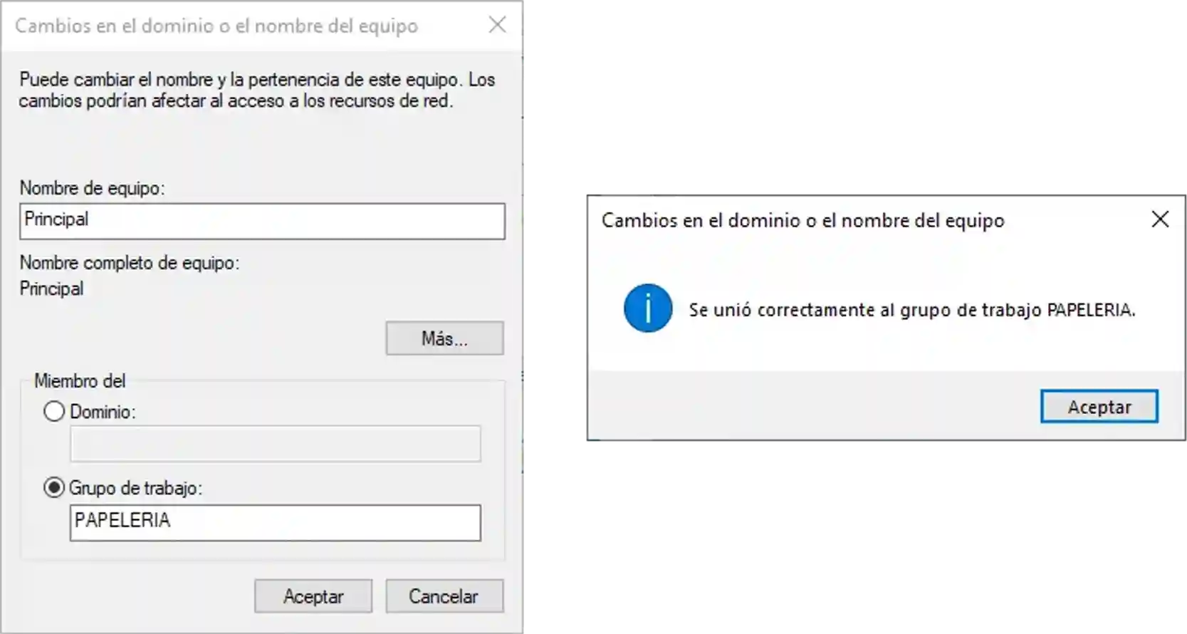 Mensaje de confirmación de la unión al grupo de trabajo