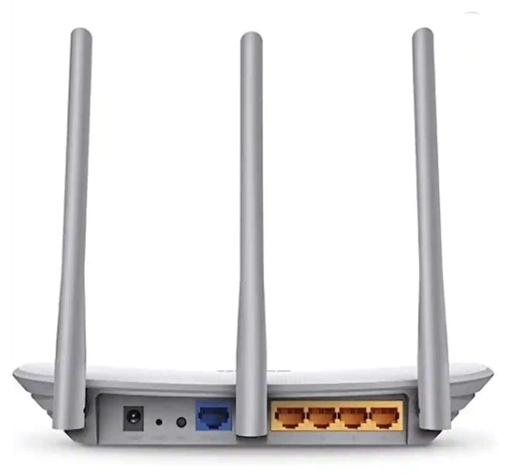 Vista posterior del router TP-Link con sus puertos, antenas y botón de reinicio