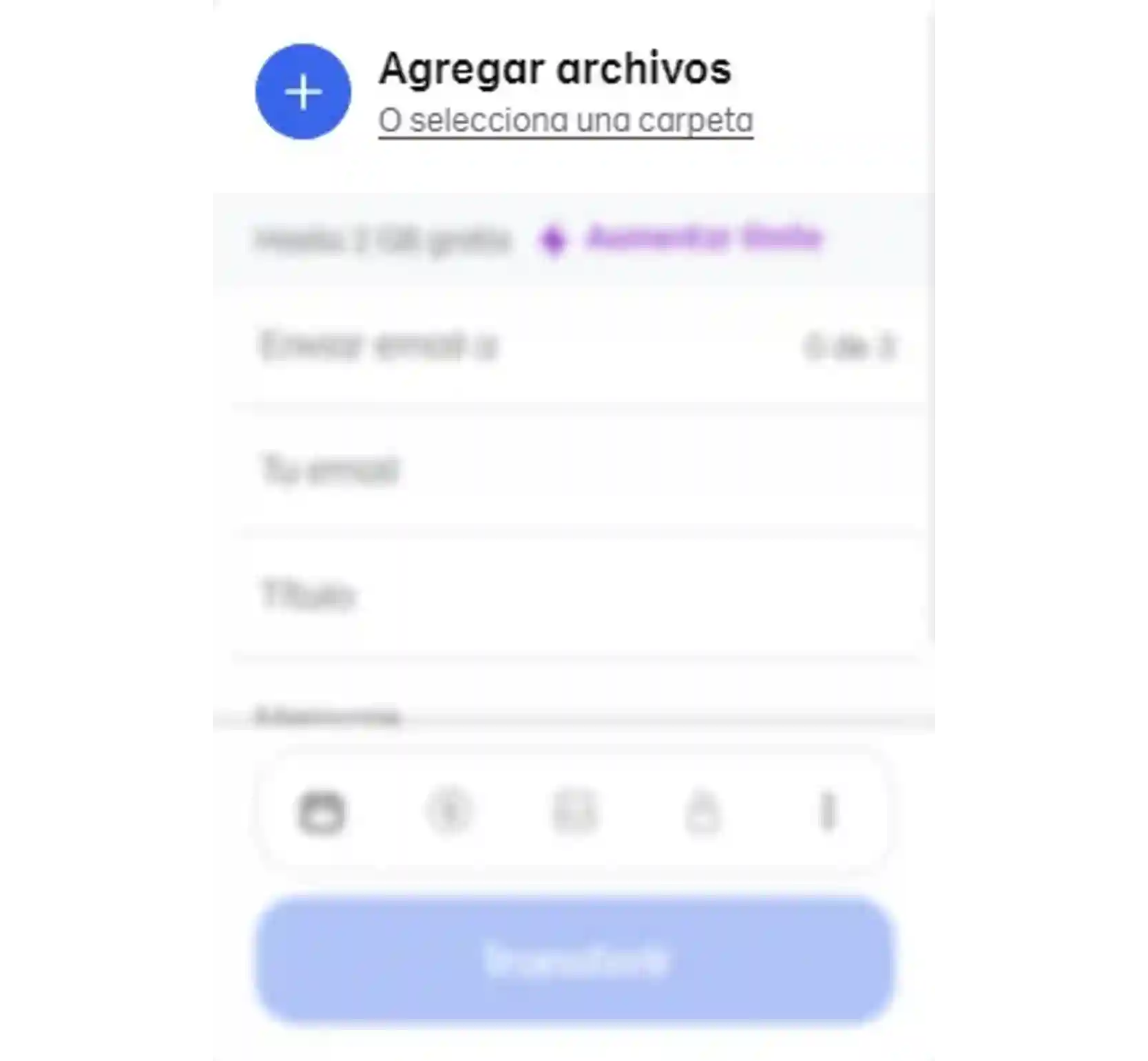 Botón Agregar archivos en WeTransfer