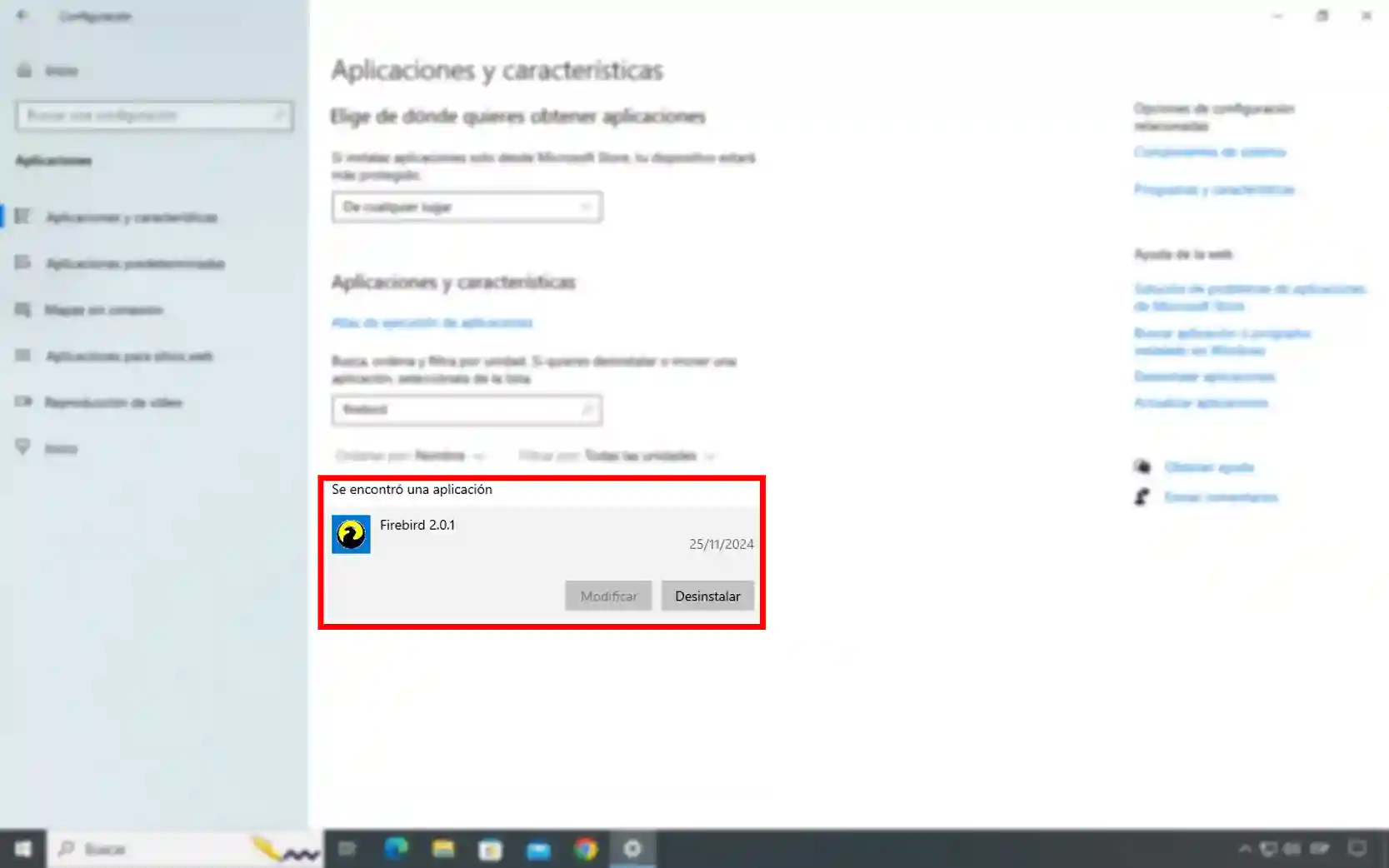 Opción para desinstalar Firebird