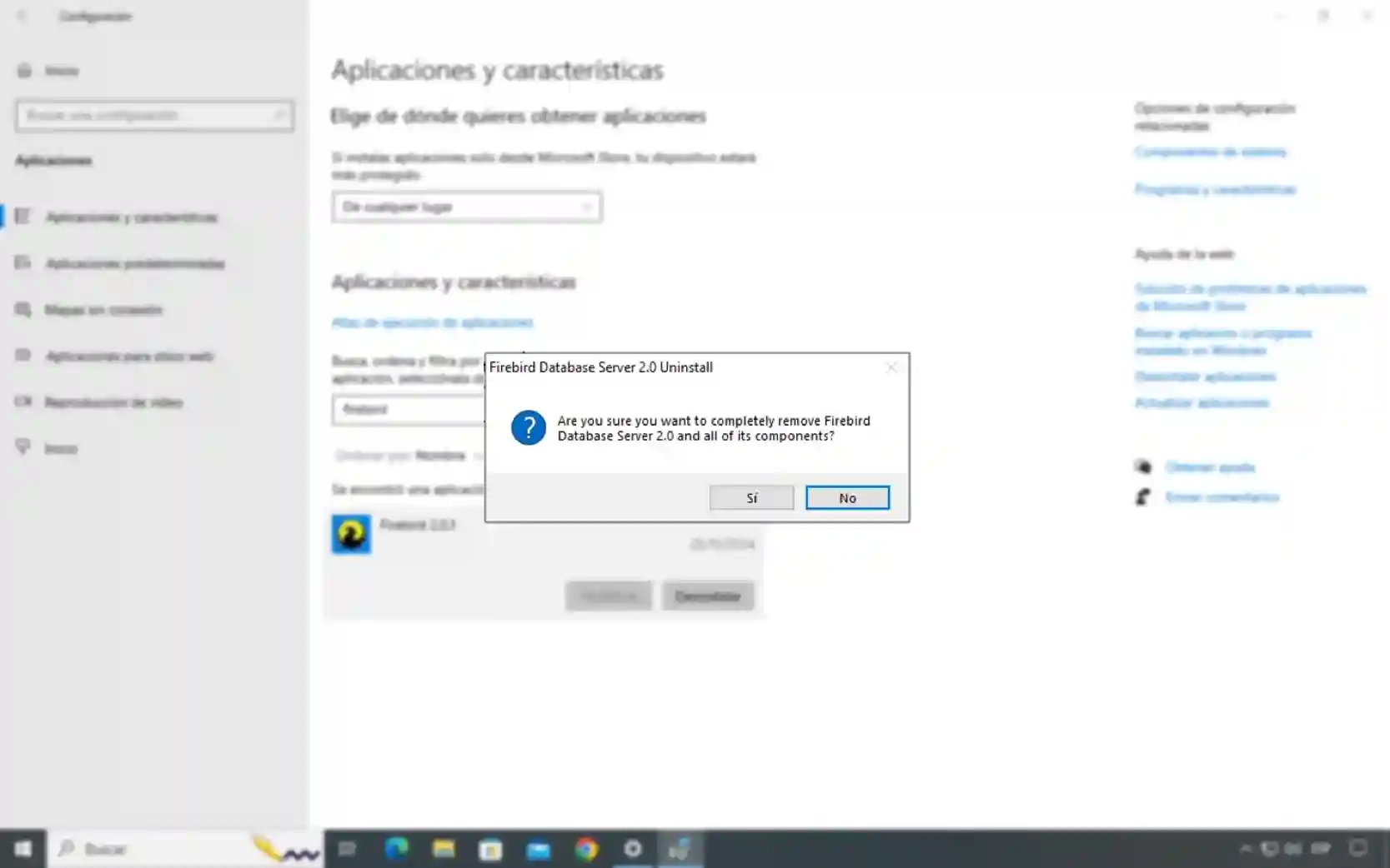 Confirmación para desinstalar Firebird Database