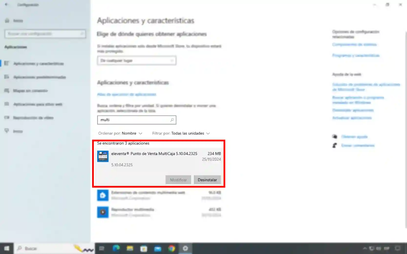Opción para desinstalar eleventa MultiCaja