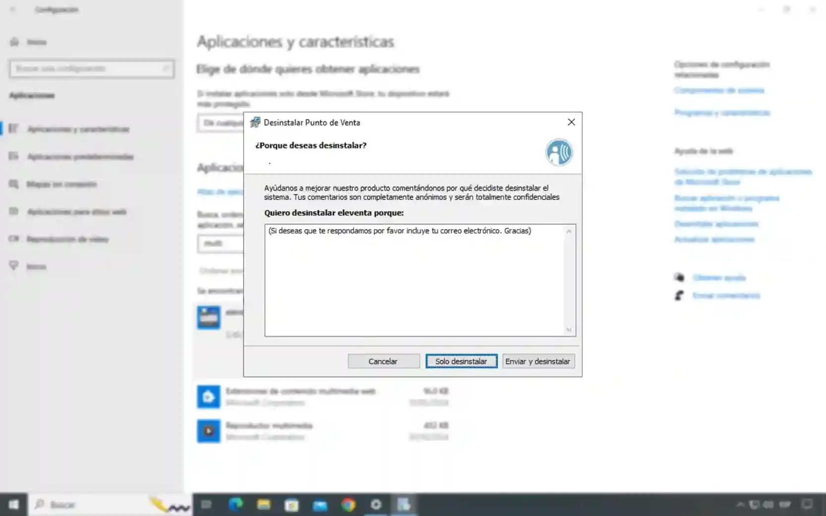Opción Solo desinstalar del asistente de eleventa